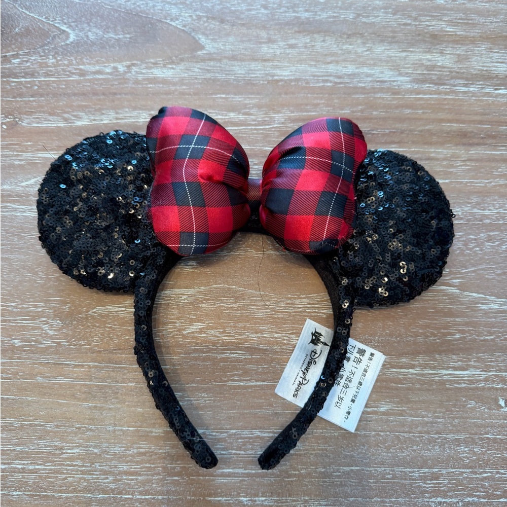 Holiday Plaid Bow Sequin Mouse Ears Headband